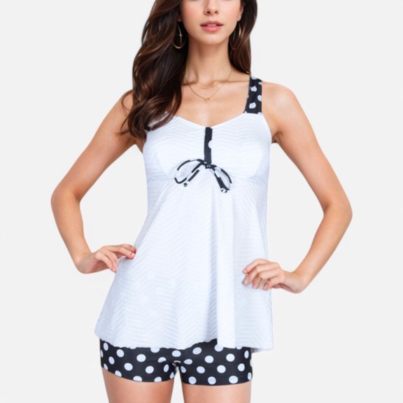 Swim Women's Polka Dot Tankini Set with Flowy Top and Boyshort Bottoms - Medium, White