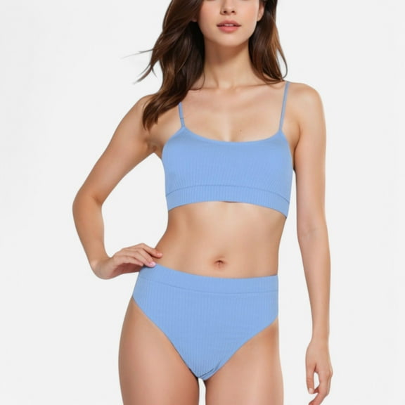 Swim Women's Ribbed Bikini Set with Scoop Neck Bralette and High Cut Bottoms - Large, Light Blue