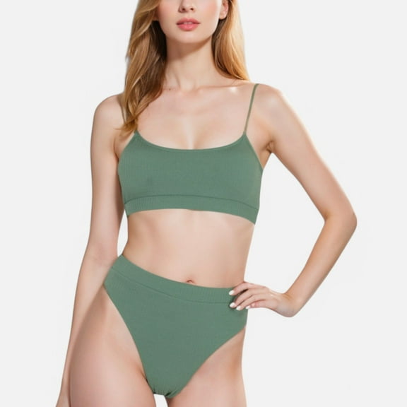 Swim Women's Ribbed Bikini Set with Scoop Neck Bralette and High Cut Bottoms - Medium, Green
