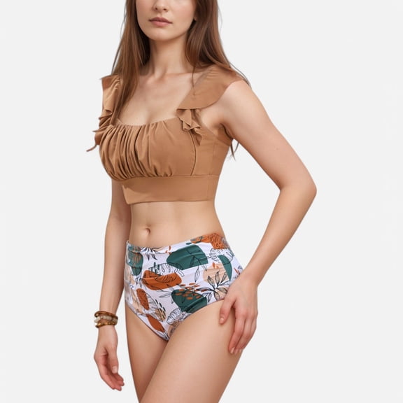 Swim Women's Ruffle Bikini Top with Ruched Bust Detail and High Waist Leaf Print Bottom Swimsuit Set - Medium, Khaki