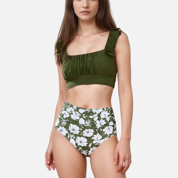 Swim Women's Ruffle Bikini Top with Ruched Bust Detail and High Waist Leaf Print Bottom Swimsuit Set - Medium, Olive