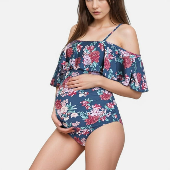 Swim Women's Ruffle Off-Shoulder Floral Maternity Swimsuit with Adjustable Straps and Ruched Belly Support - Small, Blue