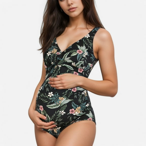 Swim Women's Tropical Print One-Piece Maternity Swimsuit with V-Neck and Ruched Sides for Growing Belly - Medium, Black