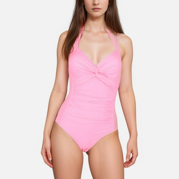 Swim Women's Twist Front One Piece Swimsuit with Halter Neckline and Ruched Tummy Control Detail - Small, Pink
