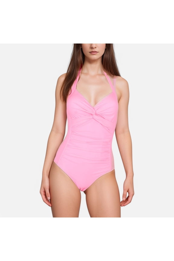 Swim Women's Twist Front One Piece Swimsuit with Halter Neckline and Ruched Tummy Control Detail - X Large, Pink