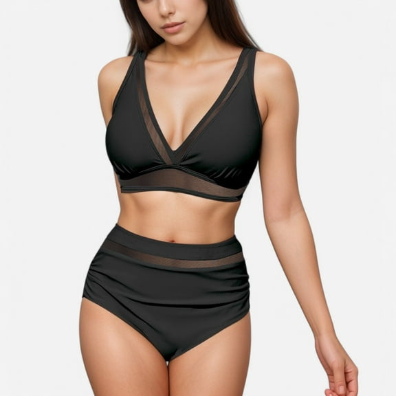 Swim Women's Two Piece Swimsuit with Mesh Trim Deep V Neck Bikini Top and High Waisted Ruched Bottoms - Large, Black