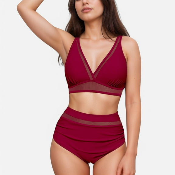 Swim Women's Two Piece Swimsuit with Mesh Trim Deep V Neck Bikini Top and High Waisted Ruched Bottoms - Large, Burgundy