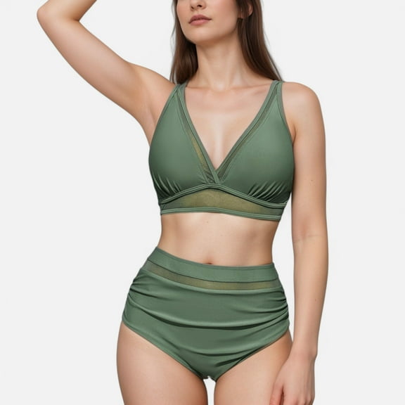 Swim Women's Two Piece Swimsuit with Mesh Trim Deep V Neck Bikini Top and High Waisted Ruched Bottoms - Small, Olive Green