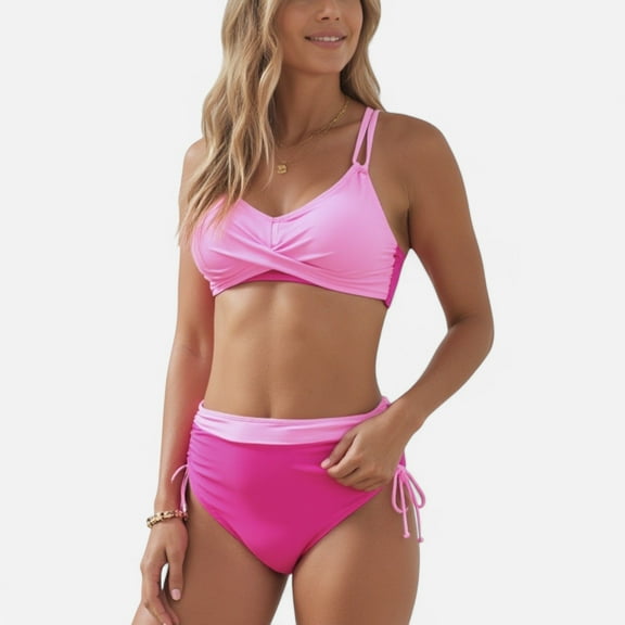 Swim Women's Two-Tone Bikini Set with Double Strap Top and High Waist Ruched Bottom with Side Tie Detail - Medium, Pink