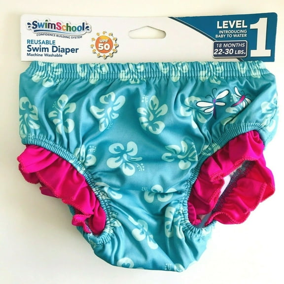 SwimSchool UPF 50 Quick Drying Machine Washable Snug Fit Girl's Reusable Swim Diaper, Level 1: 6 Months/13-18 Pounds, Blue