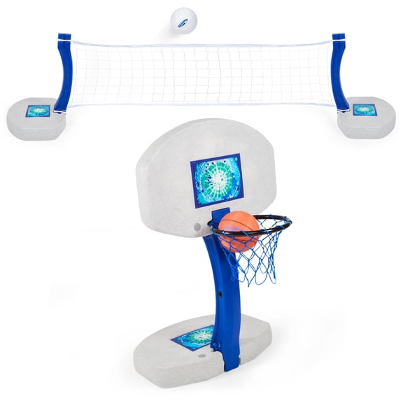 SwimWays 2-in-1 Pool Sport Combo Set - Volleyball Net & Outdoor Basketball Hoop For In- & Above Ground Pool, Outdoor Games for Adults and Family