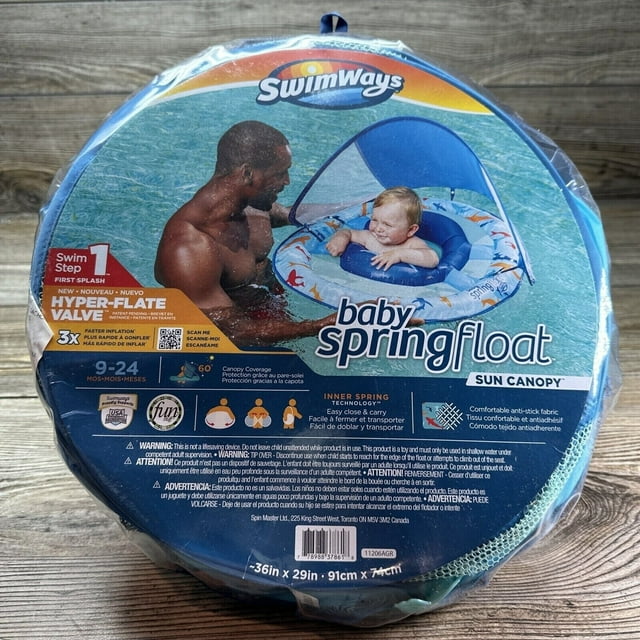 SwimWays Baby Spring Float Sun CanopyBlue Shark Swim Step 1 924 Months UPF 50+