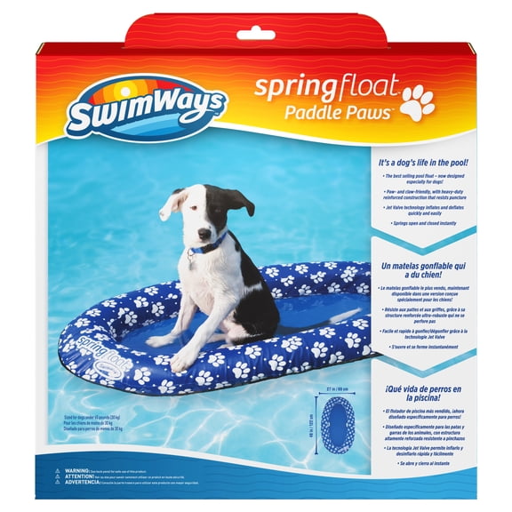 SwimWays Paddle Paws Spring Float Dog Raft, Portable Inflatable Dog Pool Floats with Carrying Case, Small (0-65 lbs), Blue