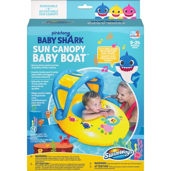 SwimWays Pinkfong Baby Shark Sun Canopy Baby Boat with Music