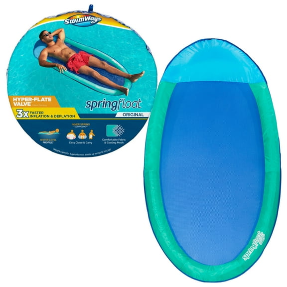 SwimWays Spring Float Inflatable Pool Lounger with Hyper-Flate Valve, Aqua