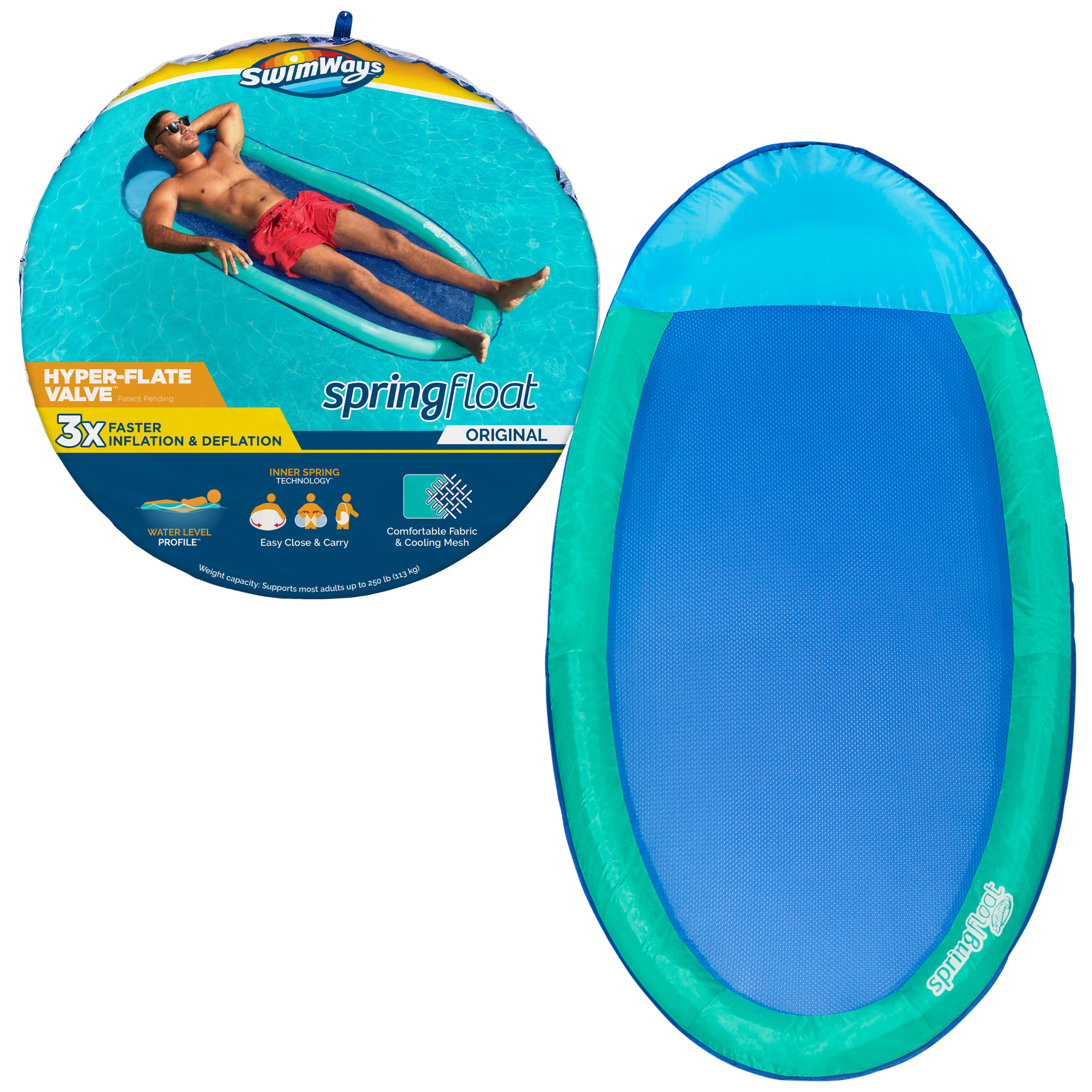 SwimWays Spring Float Inflatable Pool Lounger with Hyper-Flate Valve, Aqua - image 1 of 8