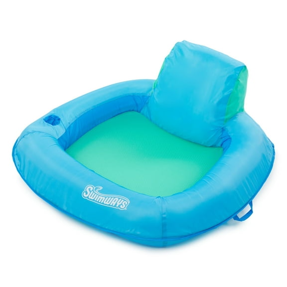 SwimWays Spring Float Premium SunSeat Blue Inflatable Pool Chair, 38"x38", Mesh Seat, Backrest, Cupholder, Carry Bag, 250 lb Weight Limit