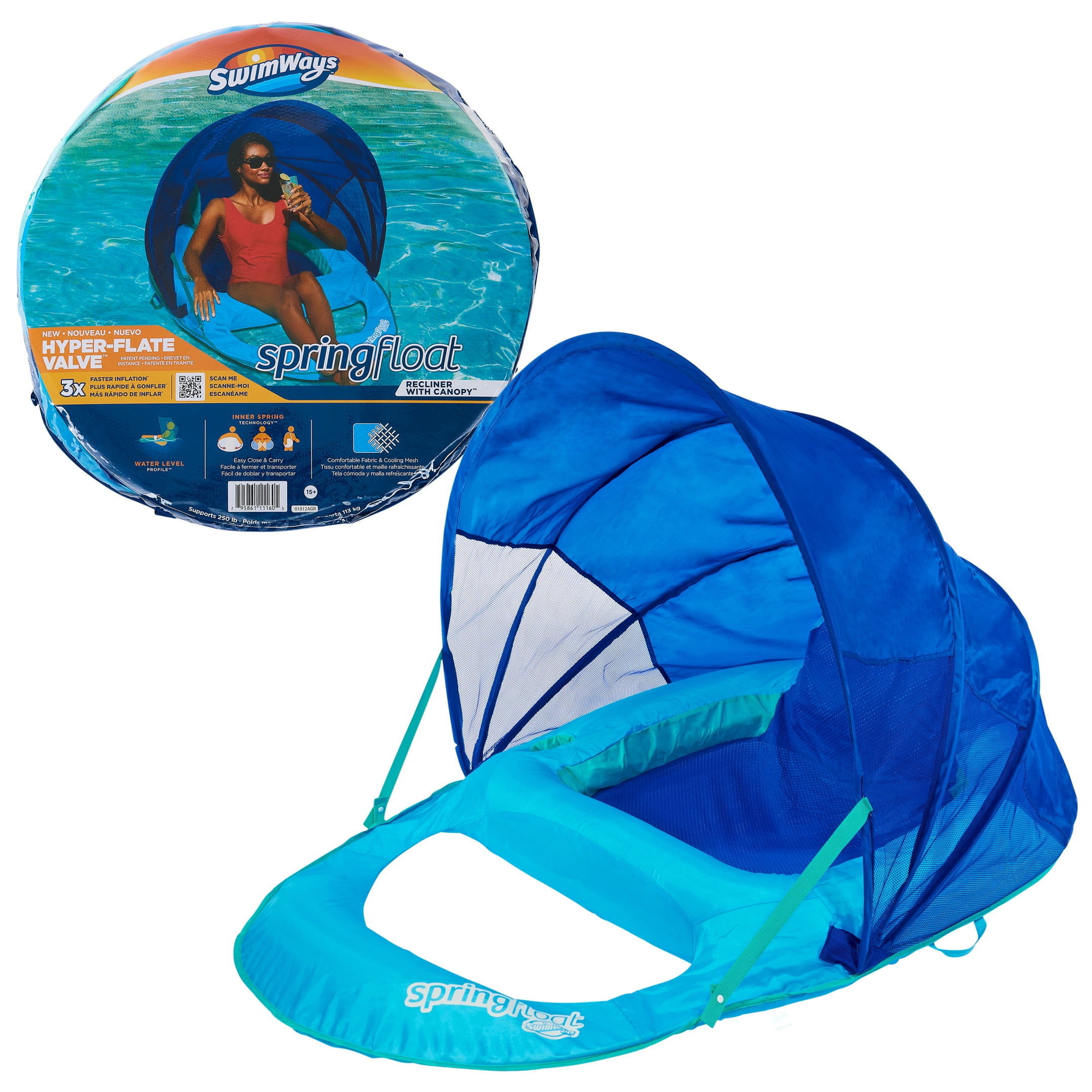 Swimways Spring Float Recliner with Canopy Water Summertime Lounge Seat Blue