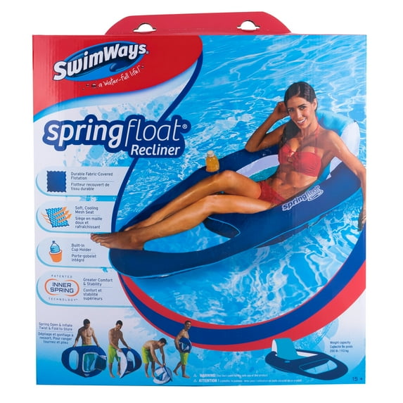 SwimWays Spring Float Recliner - Swim Lounger for Pool or Lake - Dark Blue/Light Blue