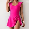 thumbnail image 1 of Swimdress for Women Built-in Bra Ruffle Sleeve Scoop Neck One Piece Swimsuits with Skirt Ruched Tummy Control Modest Bathing Suits Solid Beachwear, 1 of 5