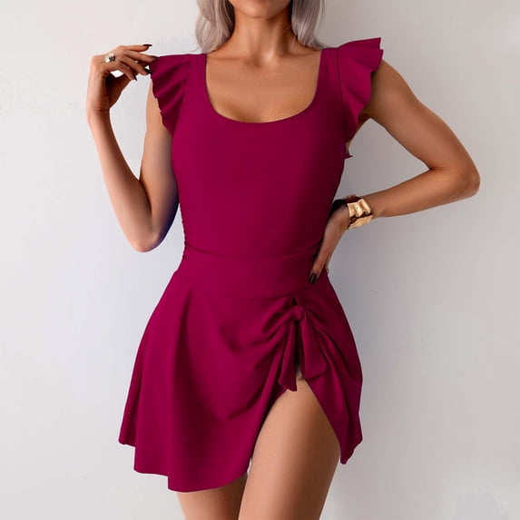 Swimdress for Women Built-in Bra Ruffle Sleeve Scoop Neck One Piece Swimsuits with Skirt Ruched Tummy Control Modest Bathing Suits Solid Beachwear
