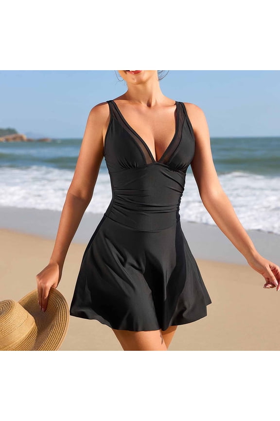 Swimdress for Women with Briefs V Neck Mesh Inset Tummy Control One Piece Bathing Suits Ruched Slimming Skirted Swimsuits