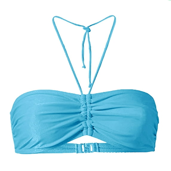 Swimear Women Halter Push Up Bikini Top Cheeky String Ruched Swimsuit Bathing Suit Padded Bandeau Top Plus Size S-5XL(4X-Large, Sky Blue)