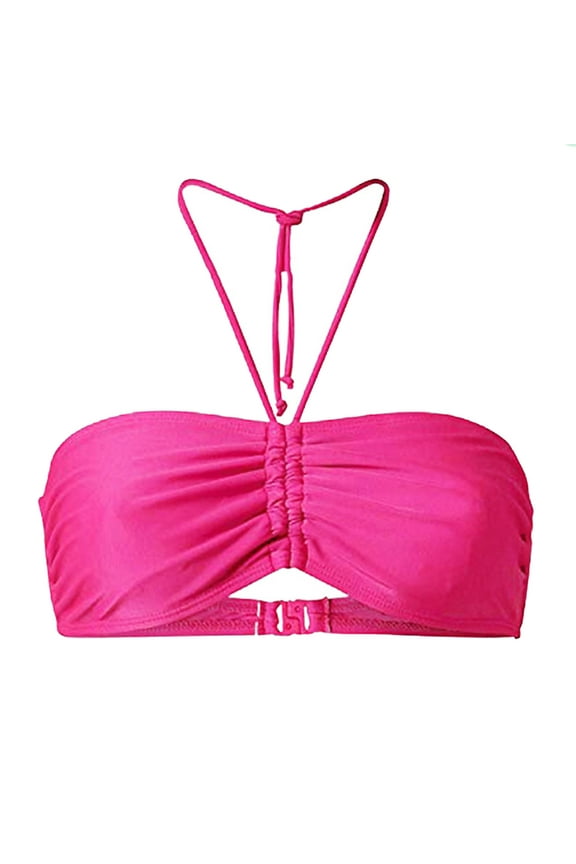 Women Halter Push Up Bikini Top Cheeky String Ruched Swimsuit Bathing Suit Padded Bandeau Top Plus Size S-5XL (Large, Pink)