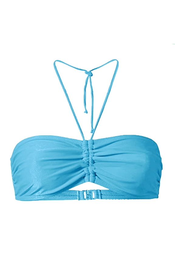 Swimear Women Halter Push Up Bikini Top Cheeky String Ruched Swimsuit Bathing Suit Padded Bandeau Top Plus Size S-5XL(X-Large, Sky Blue)