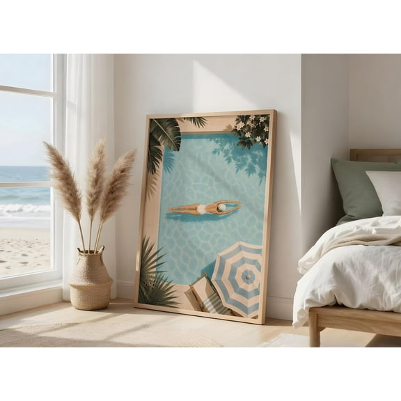 Swimmer Pastel Poolside Summer Coastal Historic Portrait Decor Unframed Paper Print
