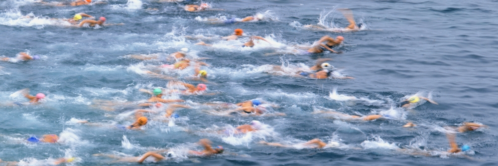 Swimmers in motion at the start of the annual Rough Water Swim event, La Jolla, San Diego, California, USA Poster Print (36 x 12) - image 1 of 1