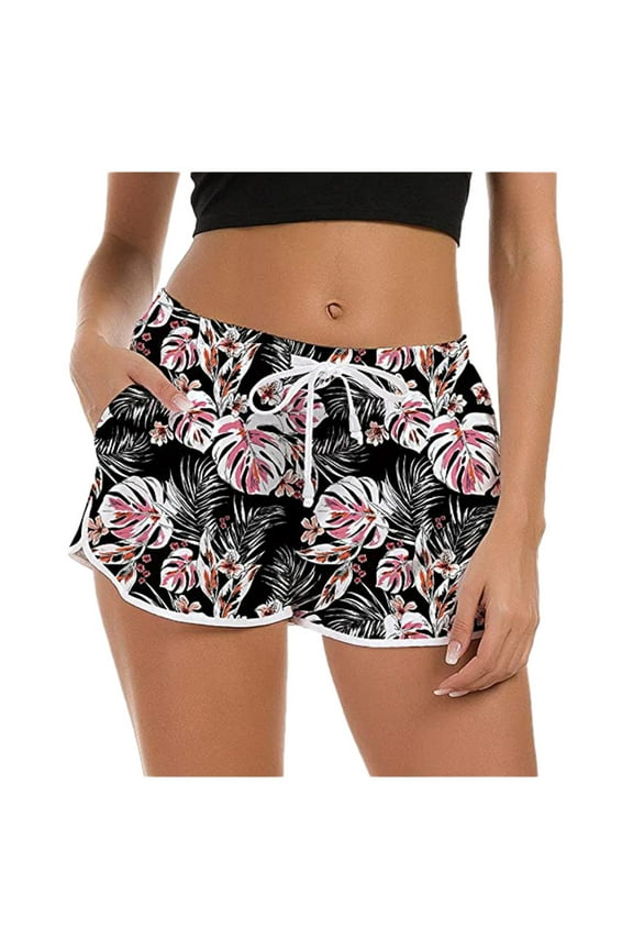 Swimming Beach Shorts for Women with Pocket Women Drawstring Board Short Quick Dry Stretch Novelty Pattern Swimsuit Swimwear Black S