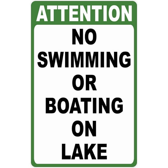 No Swimming Or Boating On Lake Metal Sign Aluminum Warning Sign for Outdoor Indoor Use 8x12 Inch Rustproof Durable Lake Safety Sign with Green White Design for Park Pond Dock Backyard Decoration