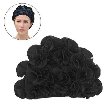 Swimming Cap Swim Hat Trendy Lightweight Floral Petals Comfortable Swimming Hat Swim Caps for Women Curls Dreadlocks Hair Ear Protection Black