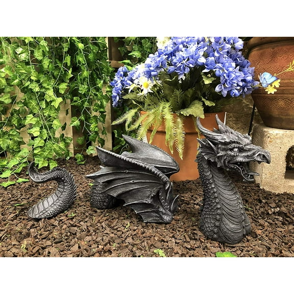 Swimming Castle Moat Dragon Lawn Garden Centerpiece Statue 3 Piece 21"L Total