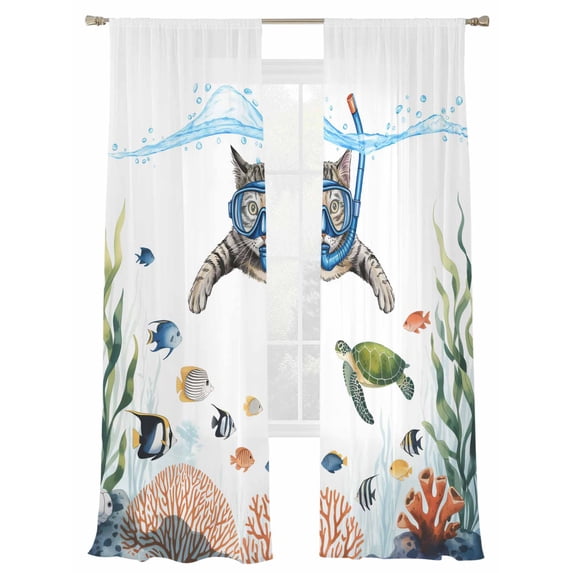 Swimming Cat Sheer Curtains 2 Panels Set Turtle Fish Coral Ocean Marine Life Sheer Window Curtains Light Filtering Rod Pocket Voile Drapes for Bedroom Living Room 52"X96"