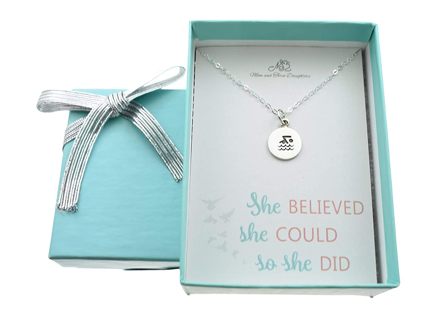 MOM AND THREE DAUGHTERS Swimming Charm Pendant in Sterling Silver on an 18 inch Sterling Silver Cable Chain. Swimming Gift. Gift for Swimmer.