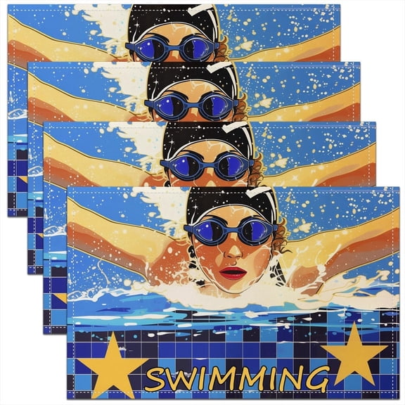 Swimming Competition Place Mats 12x18 Inch Set of 4 Modern Sports Theme Placemats Swimmer Gift Table Mats for Kids Teen Adults Geometric Stars Print Kitchen Table Decor
