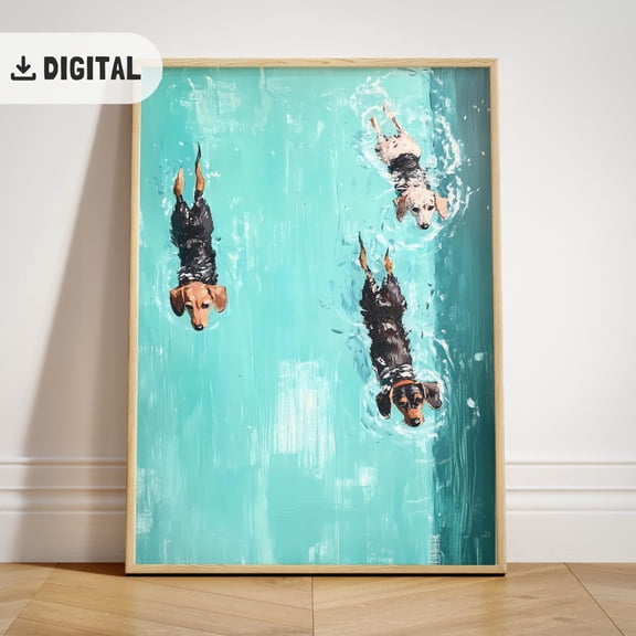 Swimming Dogs Art , Summer Beach, Coastal Dog In Pool Wall Decor, F044 Unframed Paper Print