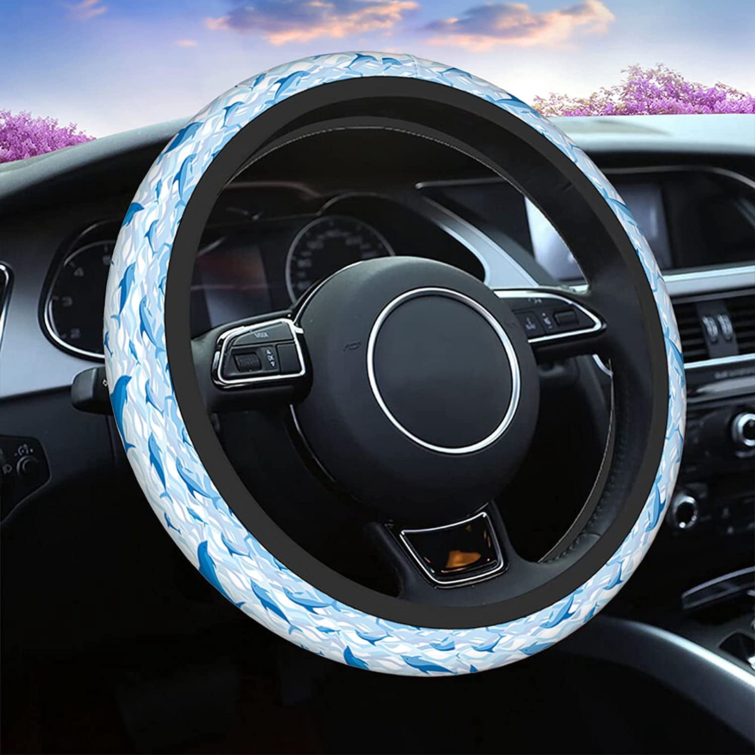 Swimming Dolphin Steering Wheel Cover Cartoon Swimming Dolphin On Sea Wave Blue Background Universal 15 Inch Auto Car Steering Wheel Covers SUV Anti Slip Wheel Wrap Protector for Men Women