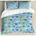 thumbnail image 1 of Swimming Duvet Cover Set, Cartoon Water Ornaments Floating Unicorn Toucan Giraffe Donut Print, Decorative 3 Piece Bedding Set with 2 Pillow Shams, Queen Size, Turquoise and Multicolor, by Ambesonne, 1 of 3