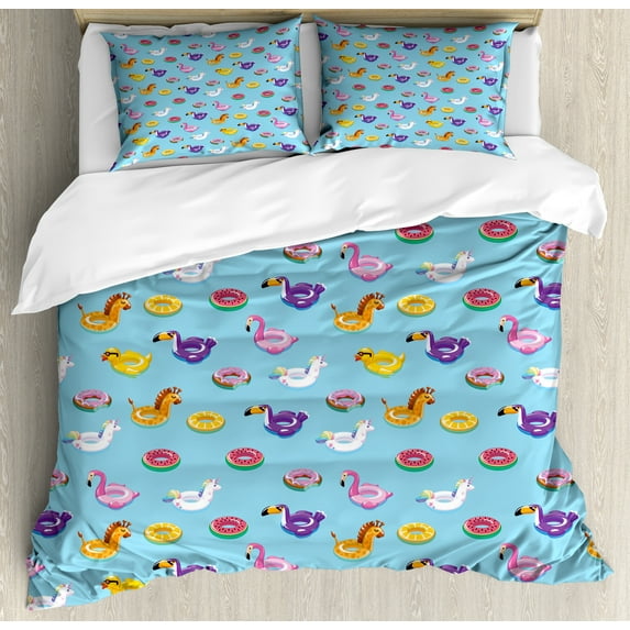 Swimming Duvet Cover Set, Cartoon Water Ornaments Floating Unicorn Toucan Giraffe Donut Print, Decorative 3 Piece Bedding Set with 2 Pillow Shams, Queen Size, Turquoise and Multicolor, by Ambesonne