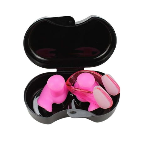 Swimming Ear Plug and Nose Clip, Silicone Ear, Waterproof Ear Nose Protector with Storage Box for Kids Beginners Pink