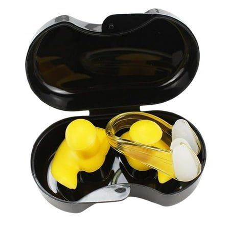 Swimming Ear Plug and Nose Clip, Silicone Ear, Waterproof Ear Nose Protector with Storage Box for Kids Beginners Yellow