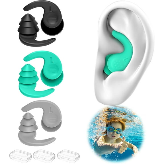 Swimming Ear Plugs for Adults,3 Pairs Waterproof Reusable Silicone Swim Earplugs for Swimming Surfing Snorkeling Showering and Water Pool,Beach,Ocean (Adults & Teens 14+)