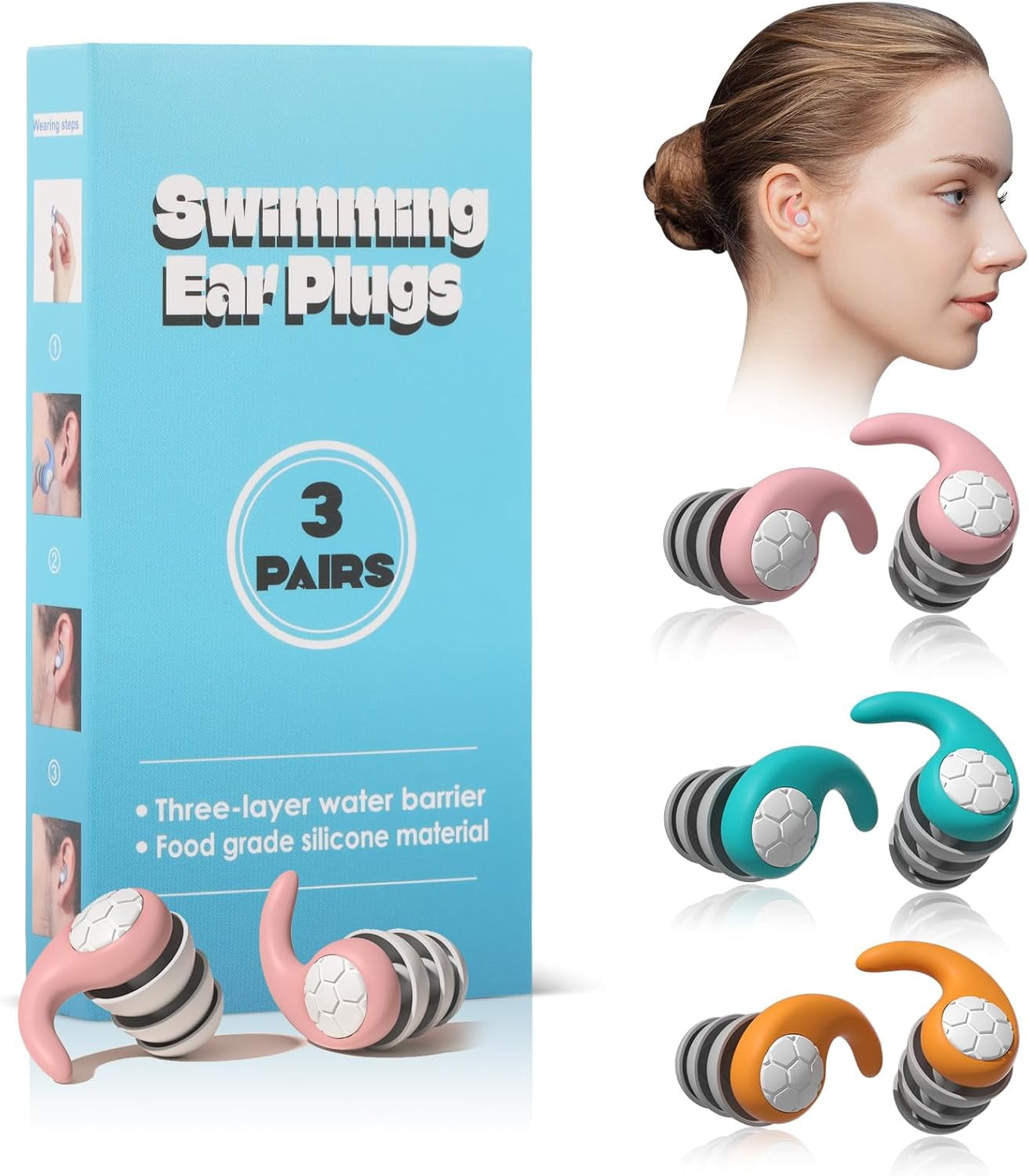 Swimming Ear Plugs for Adults,3 Pairs Waterproof Silicone Reusable Swim Earplugs for Swimming Surfing Diving Showering, Recommended for 14 Years Olds up