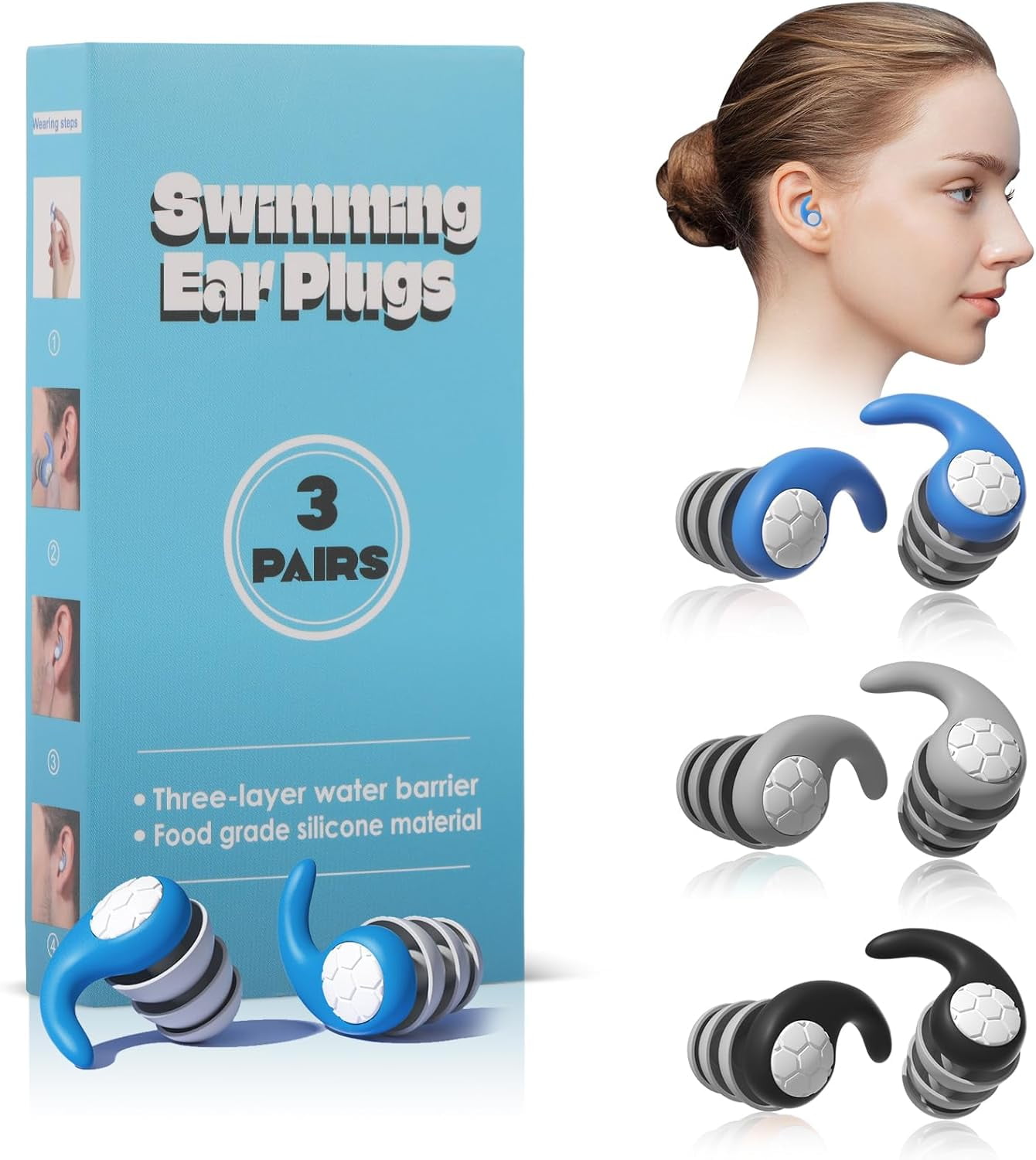 Swimming Ear Plugs for Adults,3 Pairs Waterproof Silicone Reusable Swim Earplugs for Swimming Surfing Diving Showering, Recommended for 14 Years Olds up