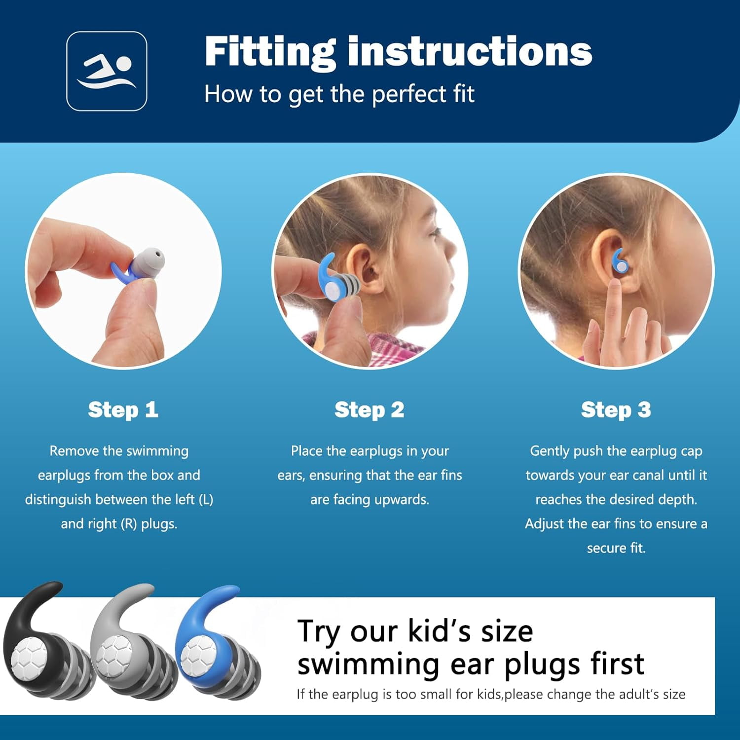 Swimming Ear Plugs for Kids,3 Pairs Waterproof Silicone Swim Earplugs for Swimming Surfing Diving Showering for 5-13 Years Olds Children and Small Ear Teens