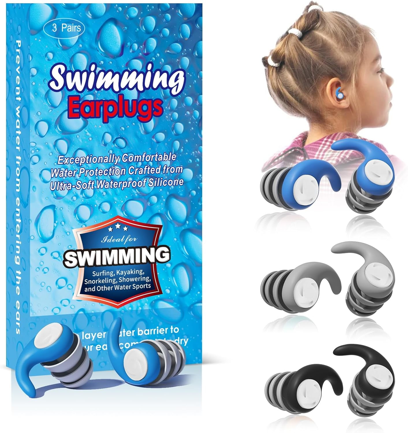Swimming Ear Plugs for Kids,3 Pairs Waterproof Silicone Swim Earplugs for Swimming Surfing Diving Showering for 5-13 Years Olds Children and Small Ear Teens