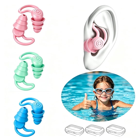 Swimming Ear Plugs for Adults, 3 Pairs Reusable Earplugs for Swimming, Showering, Surfing & Water Sports, Silicone